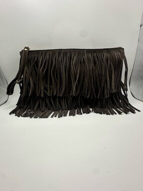 Fringed Suede Wristlet Clutch in Dark Brown